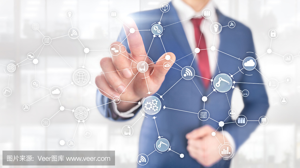 虛擬屏幕上的技術(shù)工業(yè)業(yè)務流程工作流組織結(jié)構(gòu)。物聯(lián)網(wǎng)智能行業(yè)概念混合媒體圖。